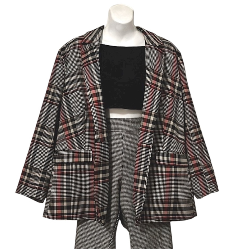 H&M Woman’s Plaid Two Button Black Red Tan & White Boxy Blazer Jacket Sz XL/P